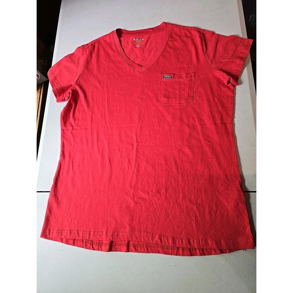 Ariat Shirt XL Green Rebar‎ Short Sleeve V Neck Solid Pocket Pullover Red